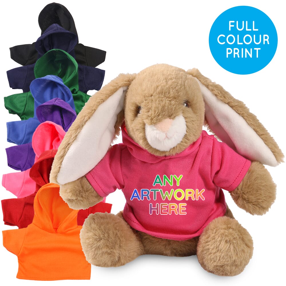 Promotional Bramble Bunny Soft Toy in Printed Coloured Hoody - Branded Soft Toys - Large Teddy Bear