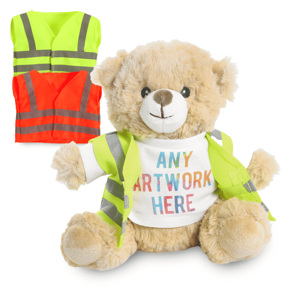 Promotional Catherine ECO Bear in Custom Hi-Vis Jacket - Printed Soft Toys - Medium Teddy Bear