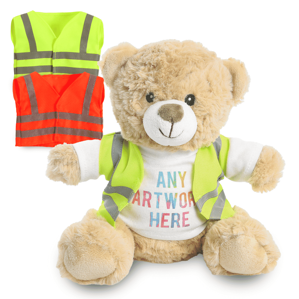 Promotional Catherine II ECO Bear in Custom Hi-Vis Jacket - Printed Soft Toys - Large Teddy Bear
