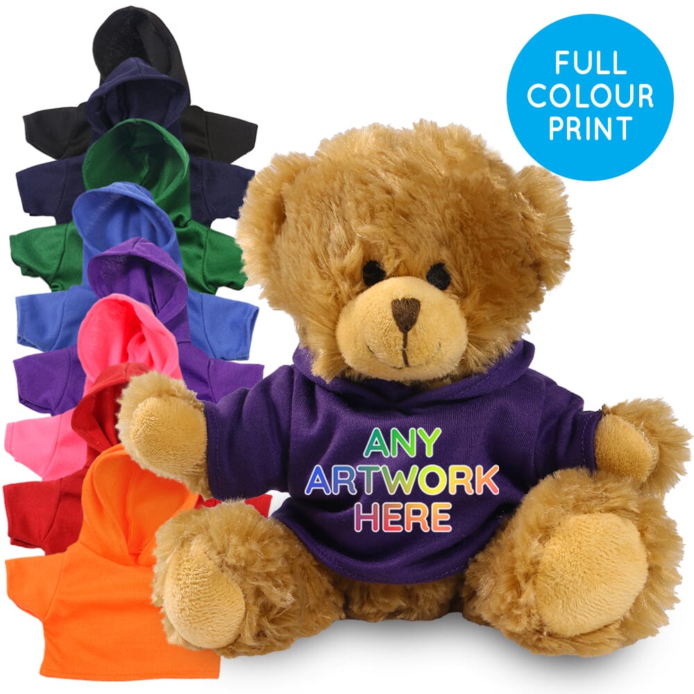 Promotional Jointed Charles Bear in Printed Coloured Hoody - Branded Soft Toys - Large Teddy Bear