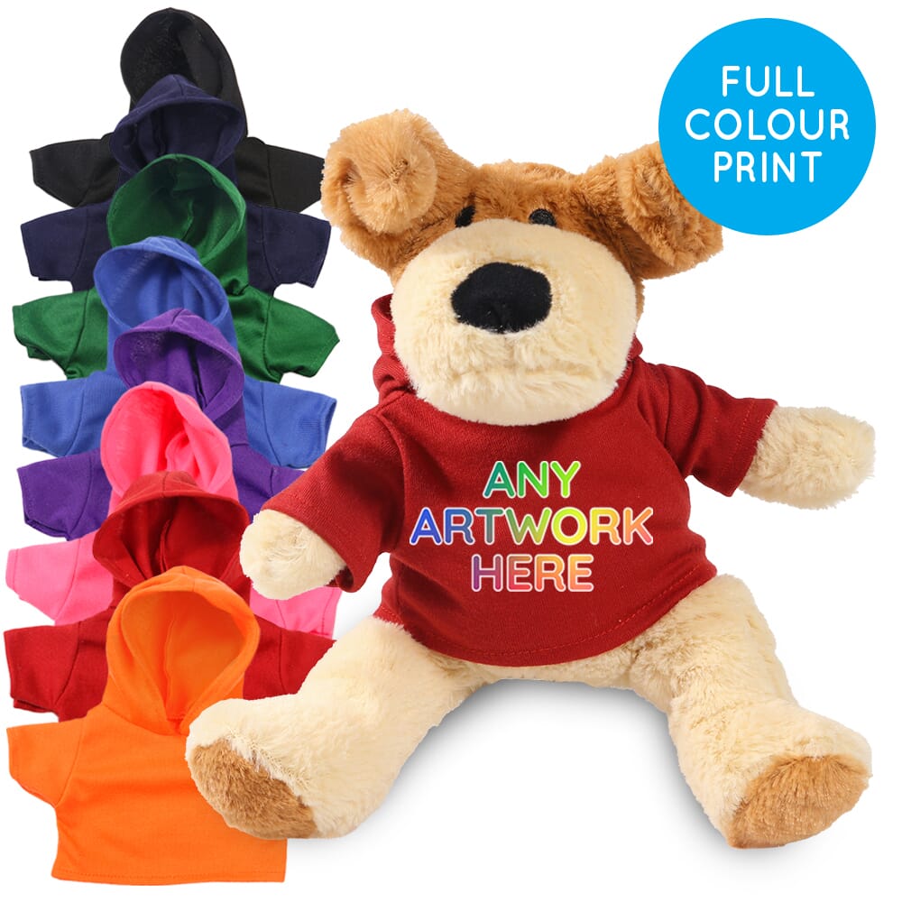Promotional Darcy Dog Soft Toy in Printed Coloured Hoody - Branded Soft Toys - Large Teddy Bear