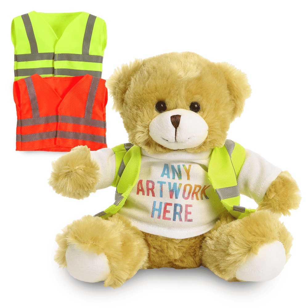 Promotional Elizabeth 20cm Light Bear in Custom Hi-Vis Jacket - Printed Soft Toys - Large Teddy Bear