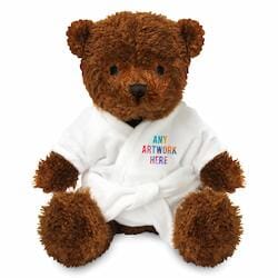 Promotional James I Dark Brown Bear in Printed Dressing Gown - Branded Soft Toys - Medium Teddy Bear
