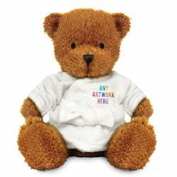Promotional James II Golden Bear in Printed Dressing Gown - Branded Soft Toys - Medium Teddy Bear