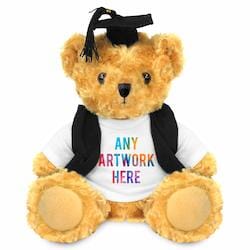 Promotional Victoria Golden Bear in Printed Graduation Outfit - Branded Soft Toys - Large Teddy Bear