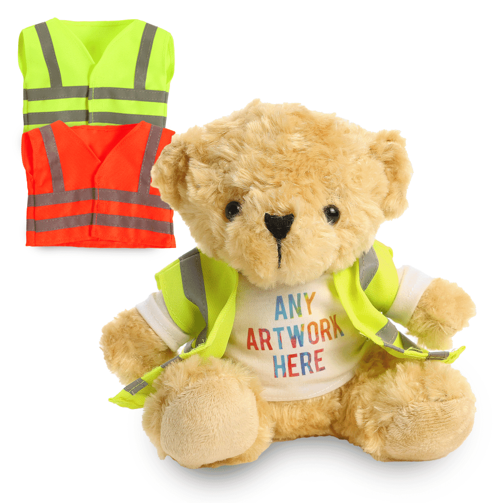 Promotional Victoria 16cm Golden Bear in Custom Hi-Vis Jacket - Printed Soft Toys - Medium Teddy Bear