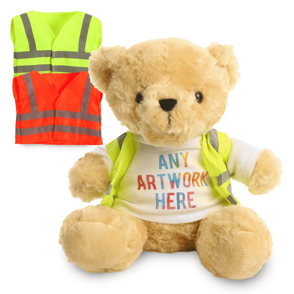 Promotional Victoria 19cm Golden Bear in Custom Hi-Vis Jacket - Printed Soft Toys - Large Teddy Bear