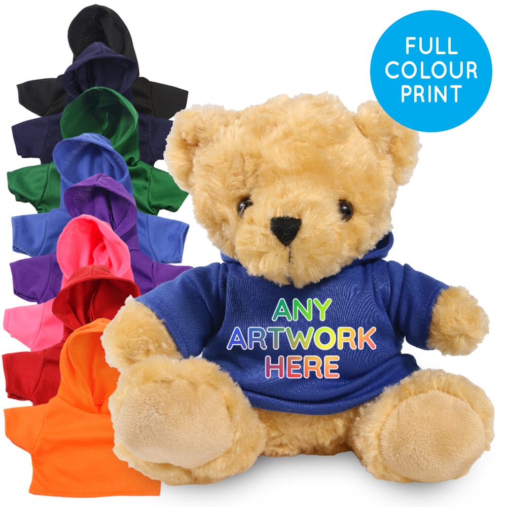 Promotional Victoria 19cm in Printed Coloured Hoody - Branded Soft Toys - Medium Teddy Bear
