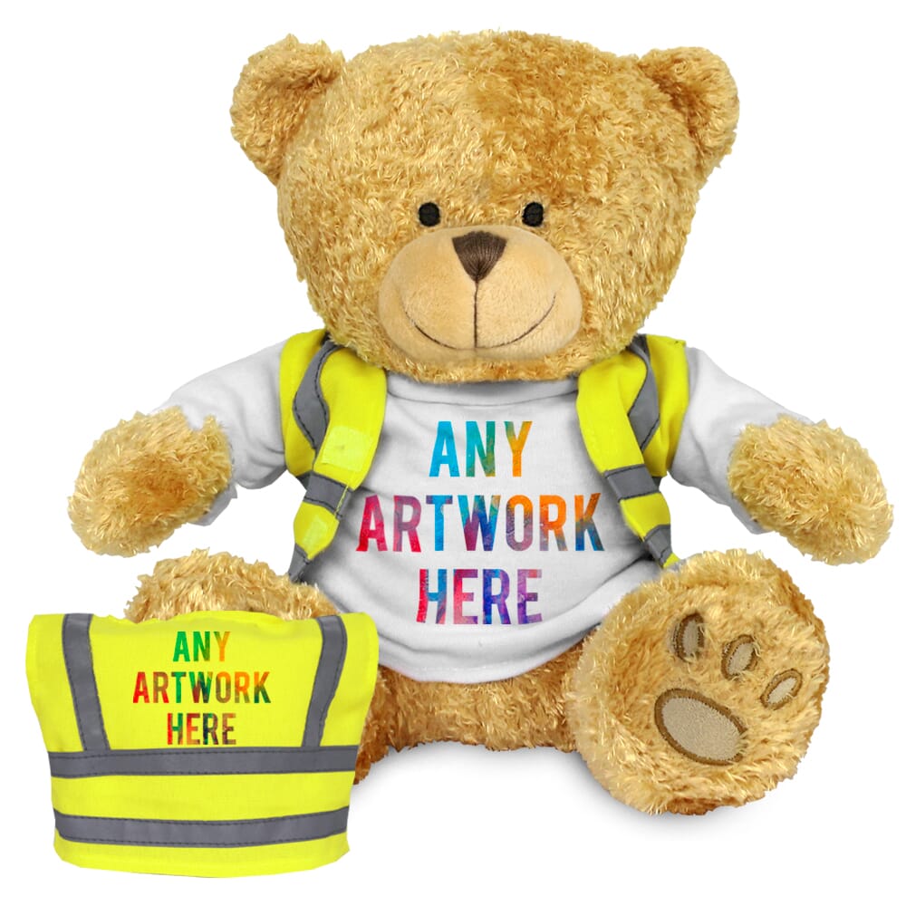 Printed Golden 22cm Edward bear with Hi-Vis Vest
