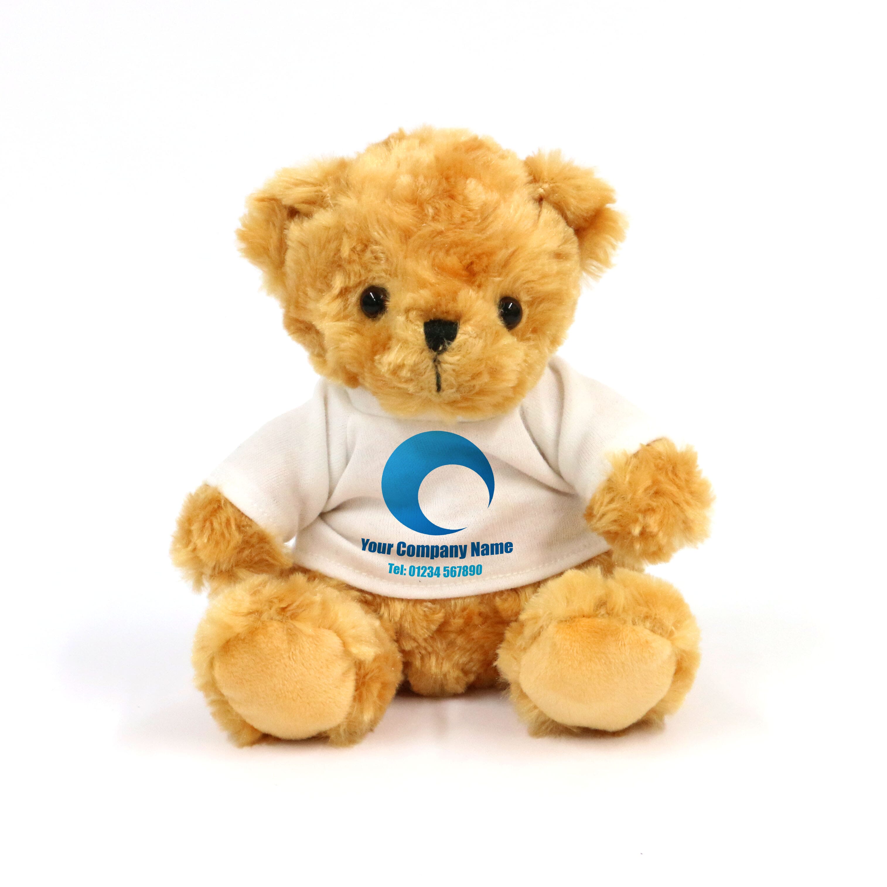 A small, promotional soft toy teddy bear with a friendly expression on its face. The toy is made of high-quality materials and is perfect for children and adults alike