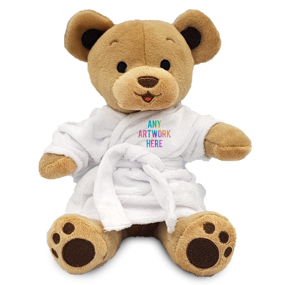 Promotional Beatrice 18cm Brown Bear in Printed Dressing Gown - Branded Soft Toys - Large Teddy Bear