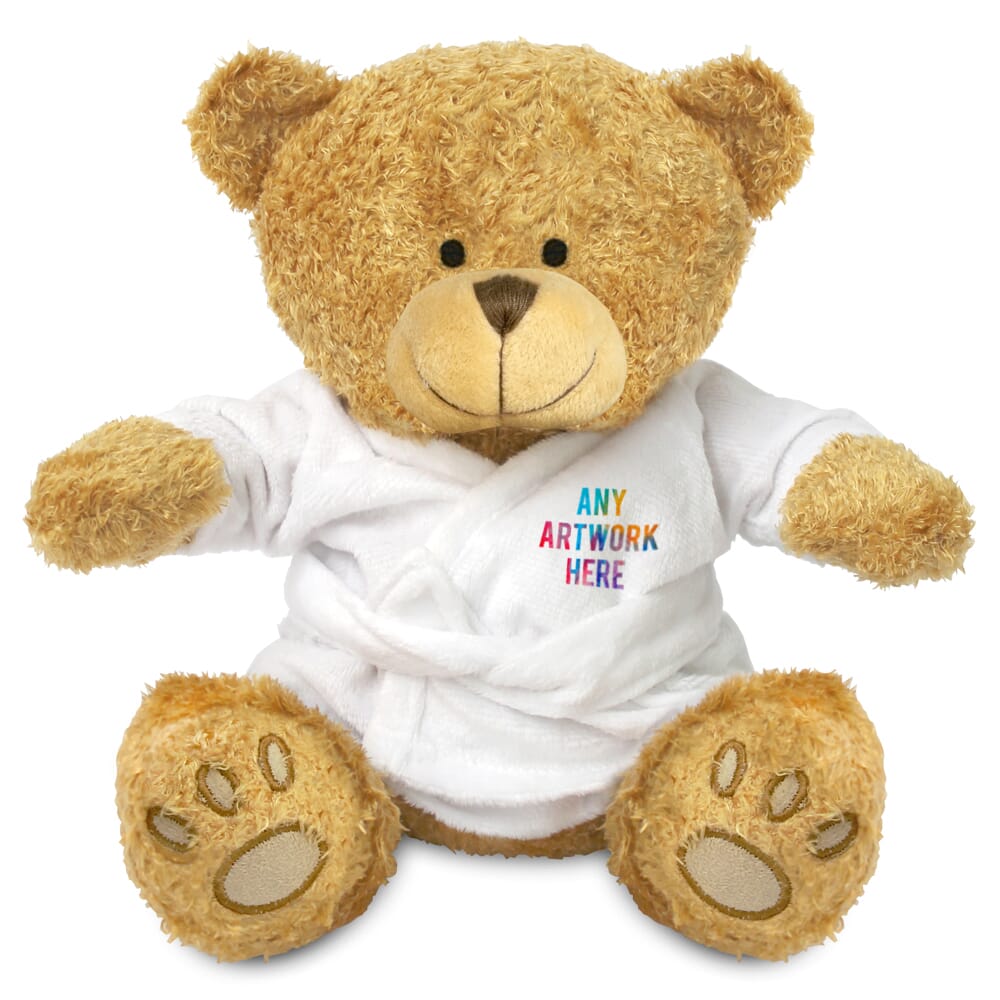 Promotional Edward II Golden Bear in Printed Dressing Gown - Branded Soft Toys - Extra Large Teddy Bear
