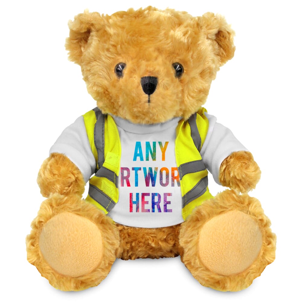 Promotional Victoria 19cm Golden Bear in Custom Hi-Vis Jacket - Printed Soft Toys - Large Teddy Bear