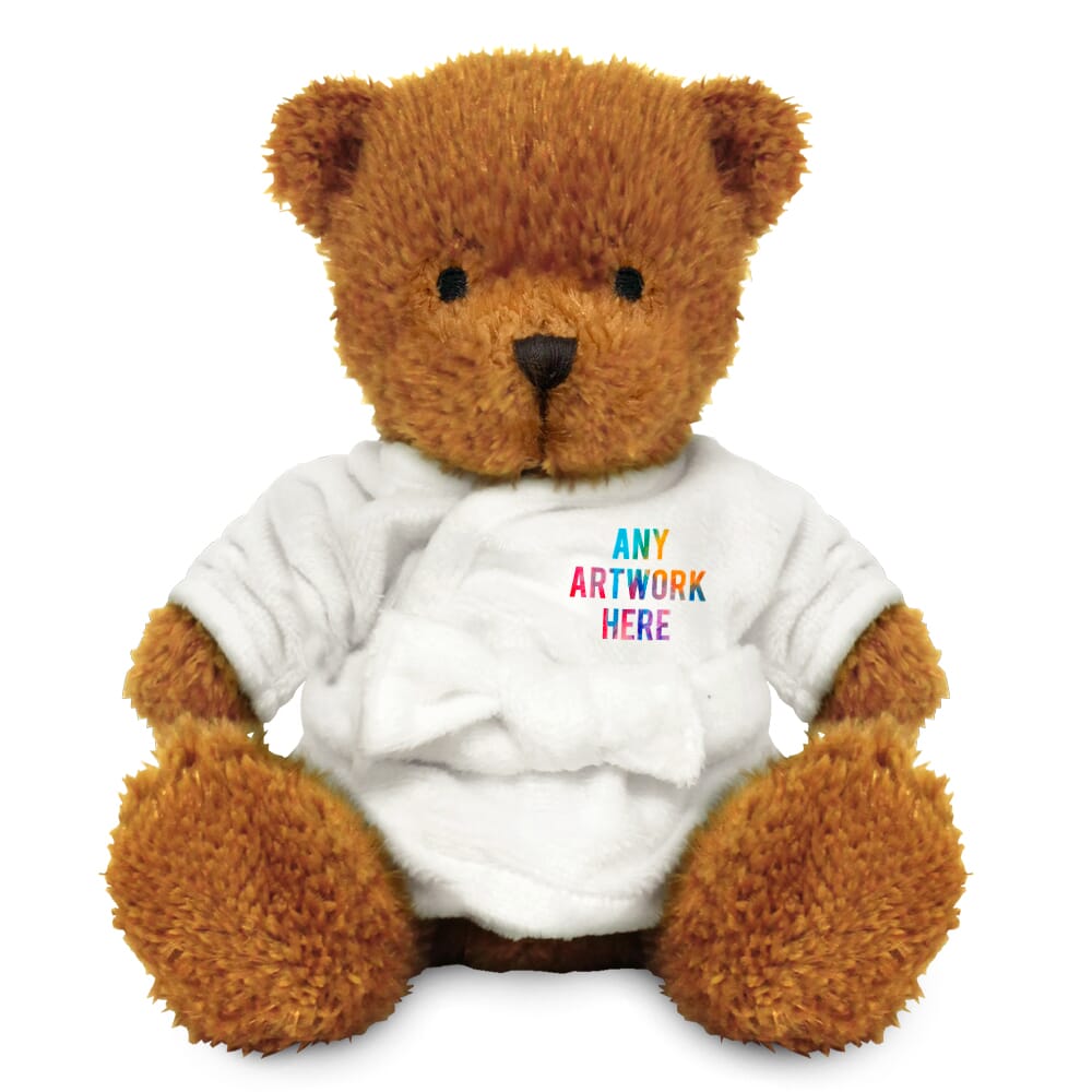 Promotional James II Golden Bear in Printed Dressing Gown - Branded Soft Toys - Medium Teddy Bear