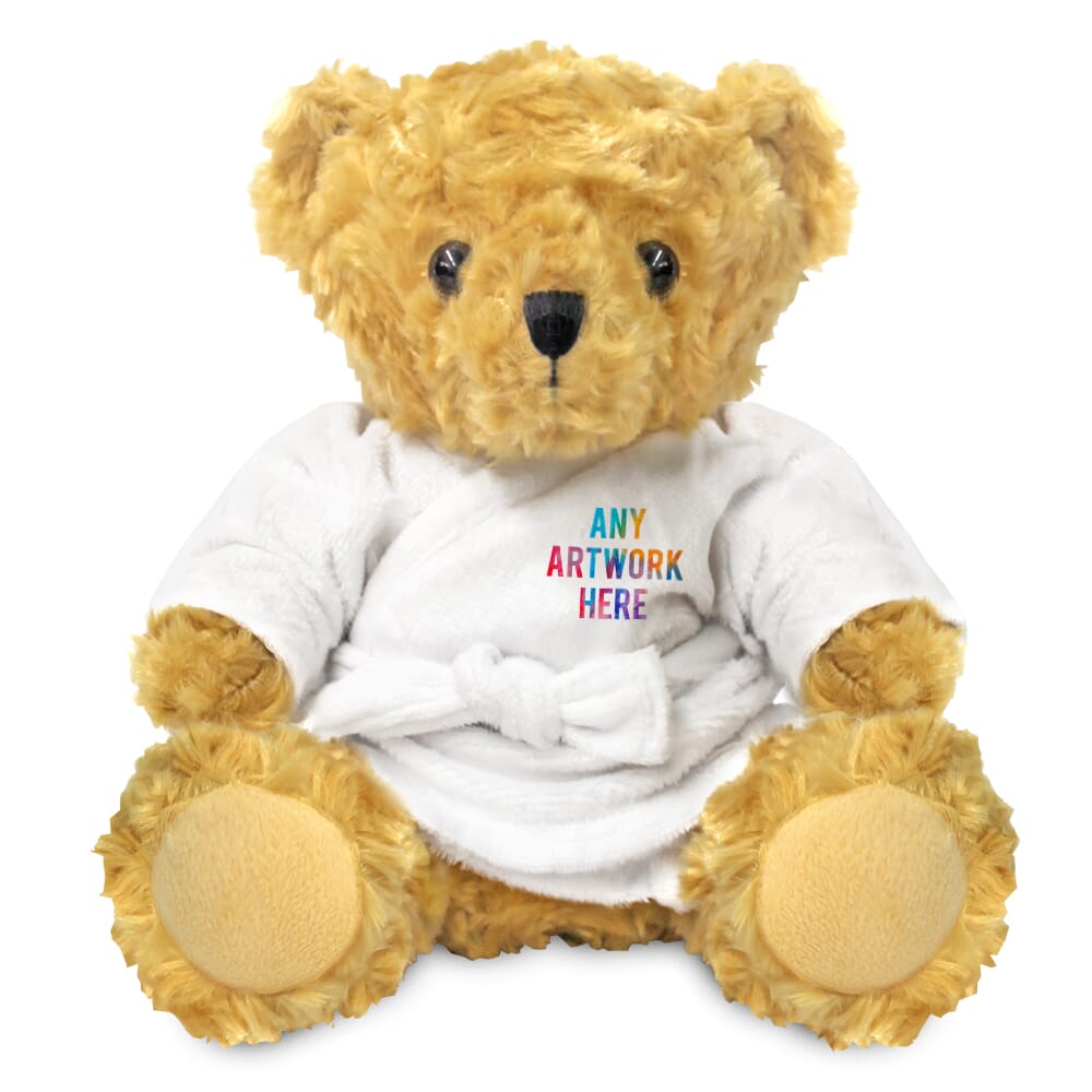 Promotional Victoria 19cm Golden Bear in Printed Dressing Gown - Branded Soft Toys - Large Teddy Bear